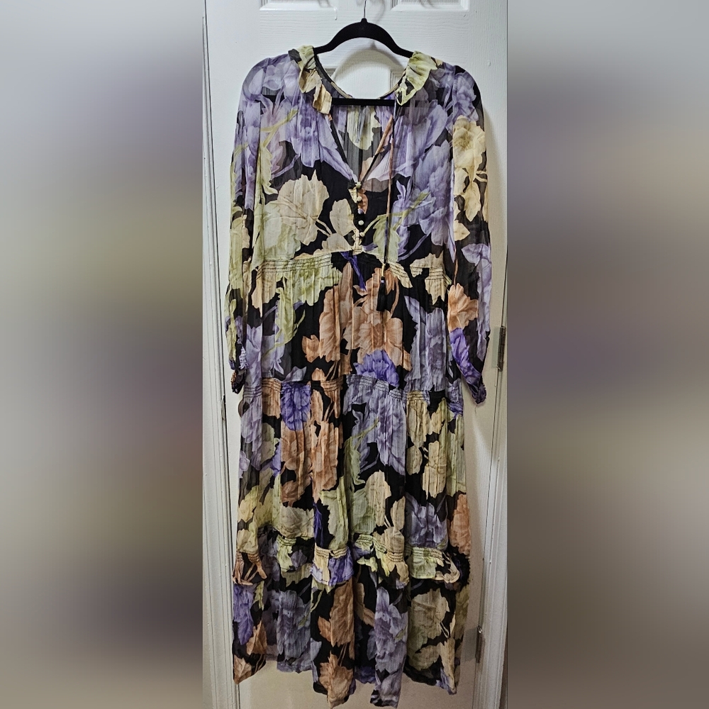 Anthropologie The Marais Printed Chiffon Maxi Dress Purple Floral Size S